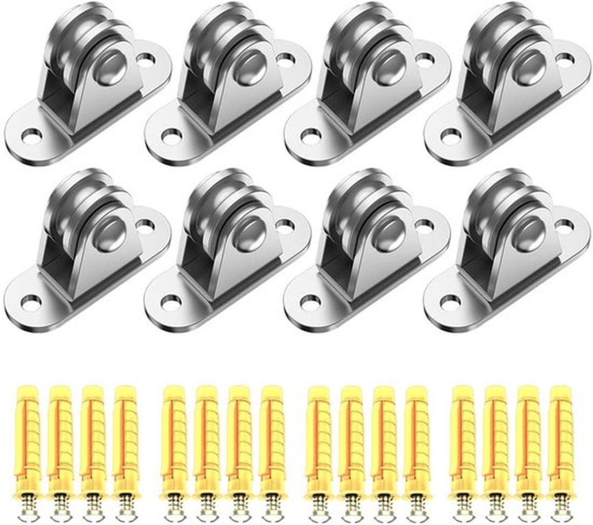 8x Katrol - Hijshaak - Katrollen - Katrolwielen - Katrol met duplex-lagers - Katrol roestvrij staa - Katrol klein - Katrol voor touwen - Voor 3-6 mm touwen - Met 16 schroeven en 16 hulzen - Voor schuifpoorten - Voor lagers, roldeur, waslijn, fitness