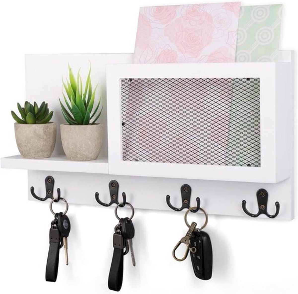 Brieven en Sleutelhouder - Muur Organizer - Met 8 Haken - Wit - Decoratief - Sleutelhanger Plank - Huis - Hal - Woonkamer - Berging - Muurgemonteerd - Rustiek Metaal