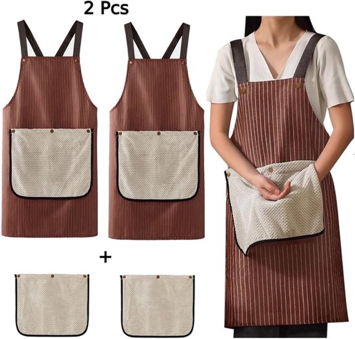 Tweedelig keukenschortenset, waterdicht gestreept schort met bretels, inclusief twee afneembare handdoeken, bak- en kookschort, koksschort met gekruiste banden, unisex, bruin.