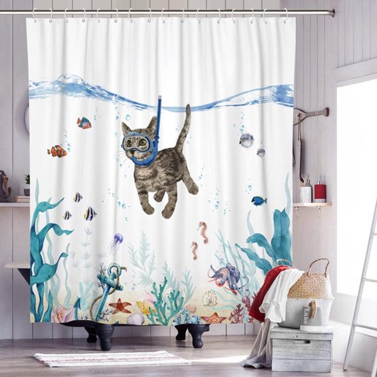 Douchegordijn - 180 x 180 cm - de kat die alleen duikt - polyester - kleur - met haken - Anti Schimmel - Waterdicht - Badkamerdecoratie