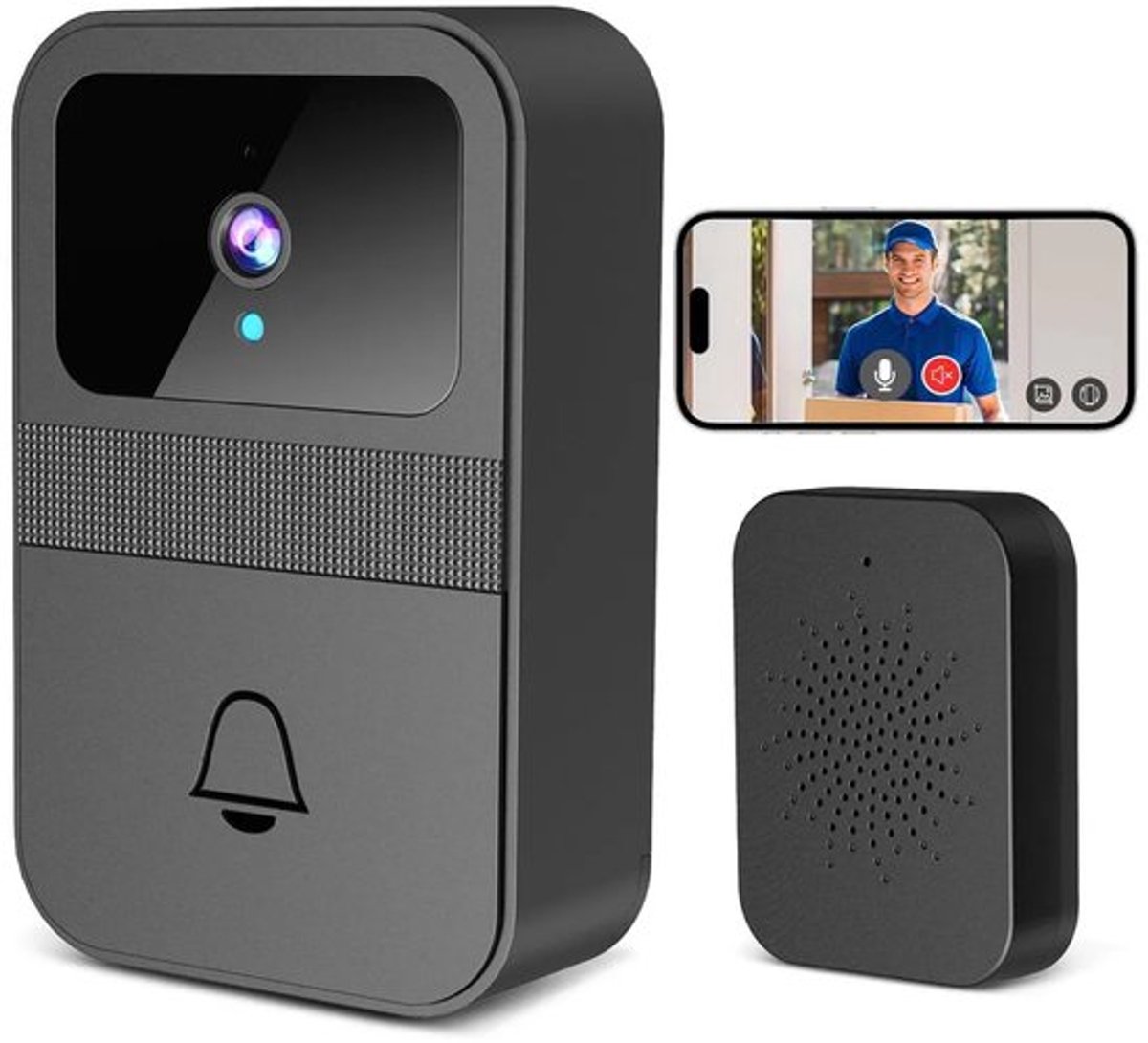 Slimme deurbel met camera, draadloze videodeurbel en intercomfunctie met stemverandering.