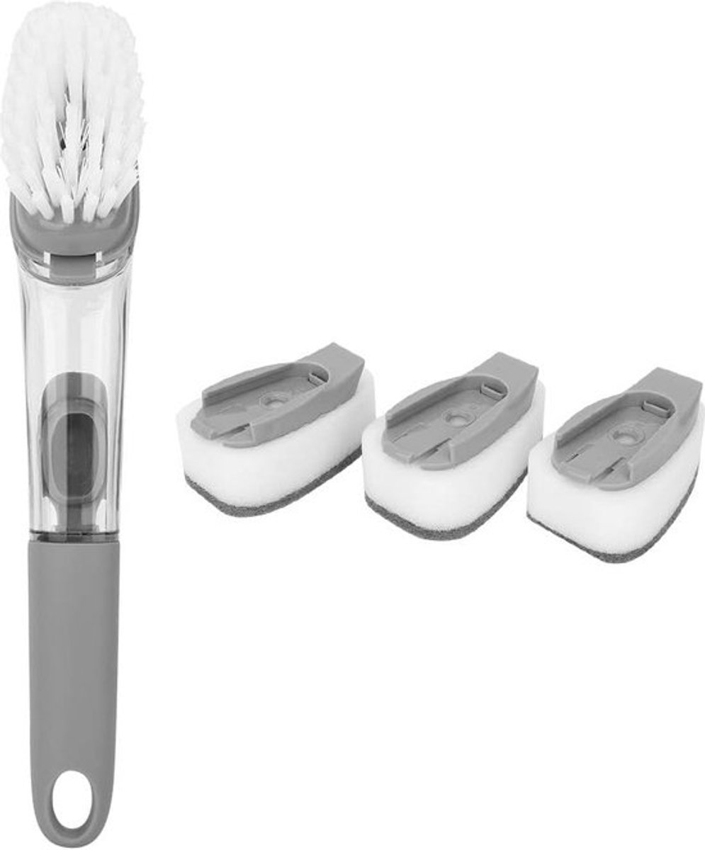 Multifunctionele afwasborstel met wasmiddeldispenser, keukenreinigingsborstel met 3 verwisselbare sponskoppen, vloeistofdispenser, keukenafwasborstelgereedschap