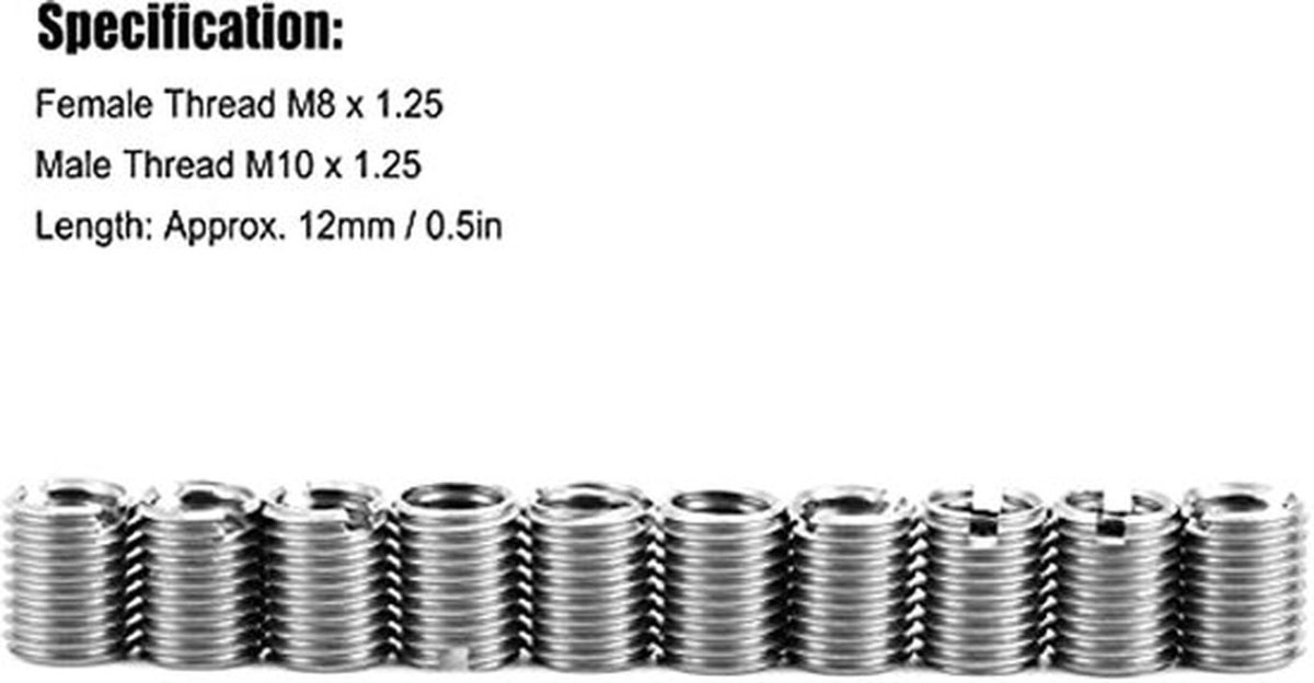 10 stuks binnendraad M8 x 1,25, buitendraad M10 x 1,25, reparatiegereedschapsset voor schroefdraad van roestvrij staal, moerinzet voor