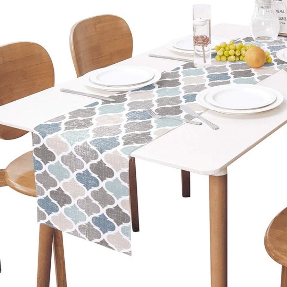 Katoenen linnen - Lange 72 inch geometrisch Quatrefoil-lattice patroon Dressoir Sjaals, Keuken Koffie/Eetkamer Boerderij Tafelloper voor Thuis Woonkamer, Vakantie Diner Sjaal Decoratie, Blauw Grijs
