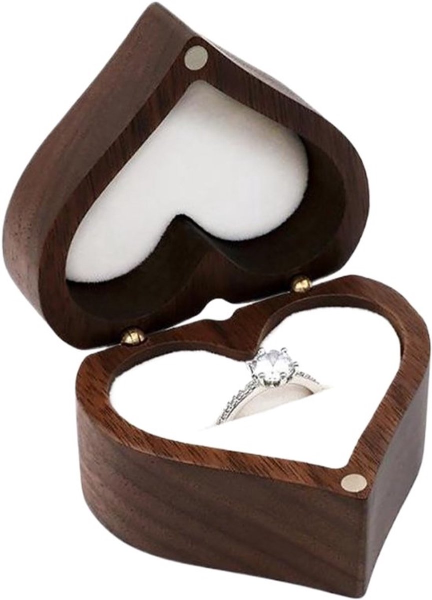 Walnoot houten ringdoos - verlovingsringendoos - hartvormige ringdoos met enkele sleuf - ringendoosje voor bruiloft - kleine vintage ringdragerdoos - voor huwelijksaanzoek en trouwringen