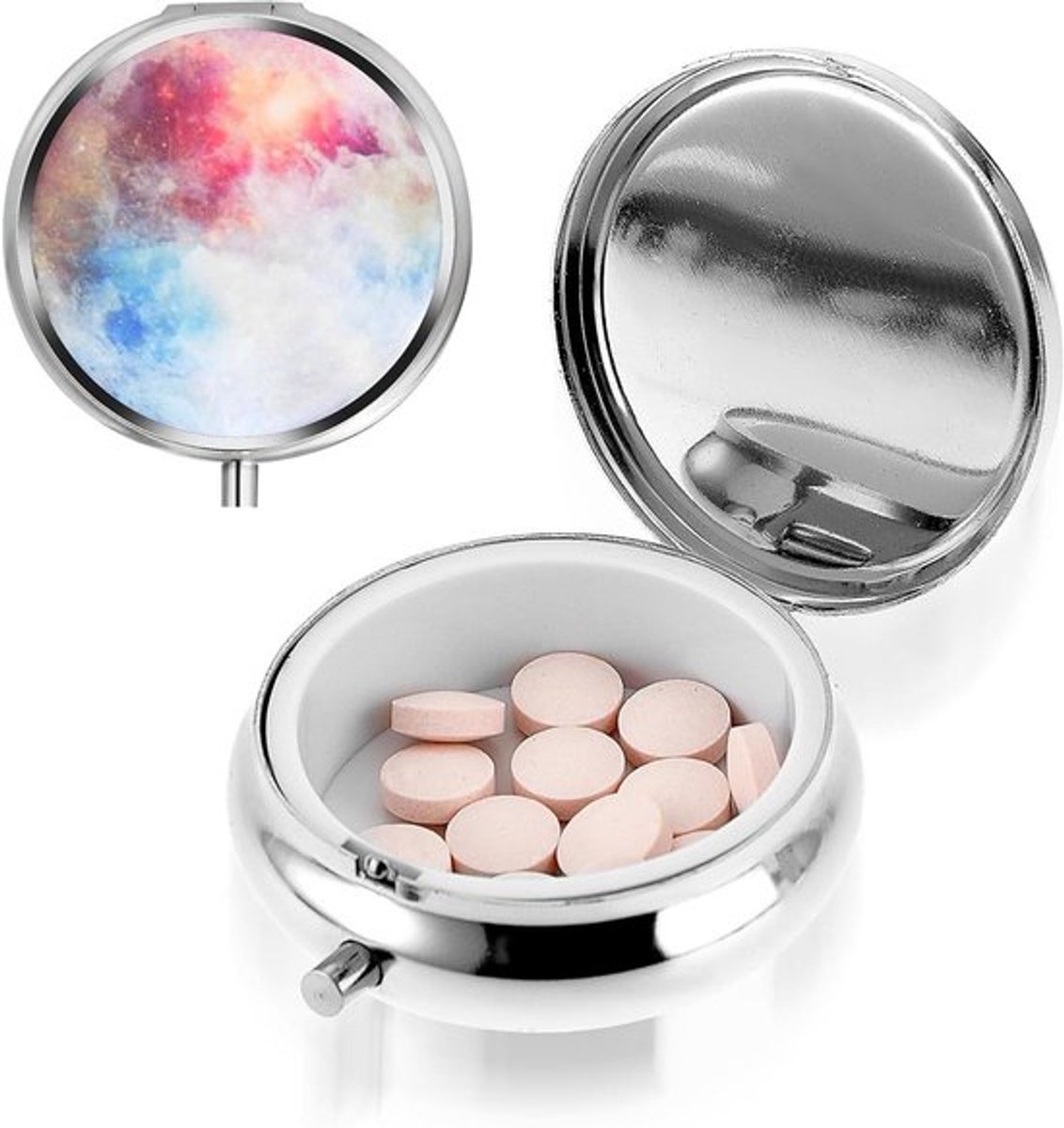 Draagbare pillendoos voor onderweg - Medicijnpillenetui voor dagelijkse dosering - Multifunctionele vochtbestendige pil organizer voor portemonnee en zak - Schattige metalen pillen organizer voor vitamines en visolie