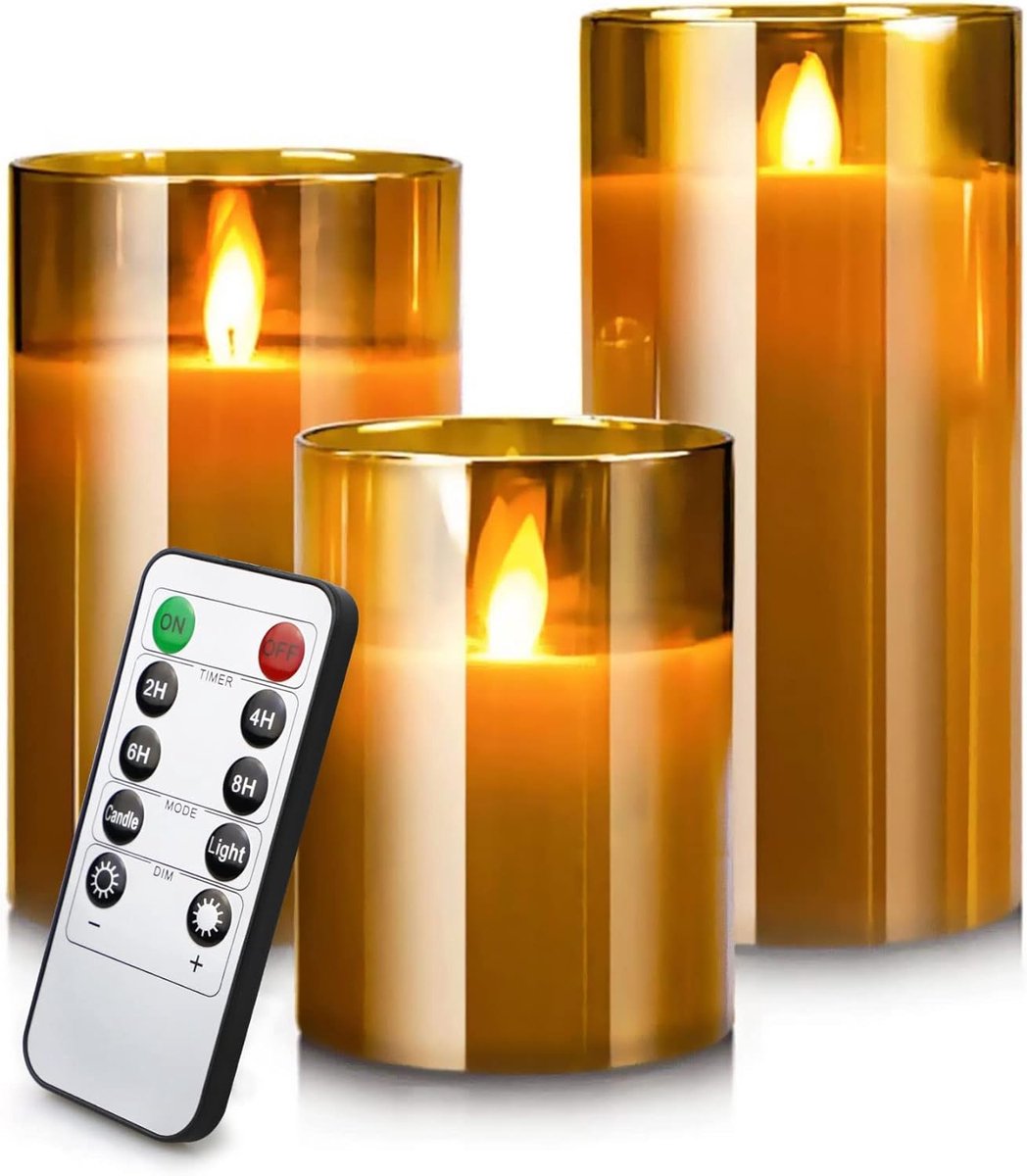 SnelShoppen - Set van 3 YMing Led-kaarsen met afstandsbediening, Vlamloze Flikkerende Kaarsen in Glas voor Feest, Tuin, Camping - 10,2 cm, 12,7 cm, 15