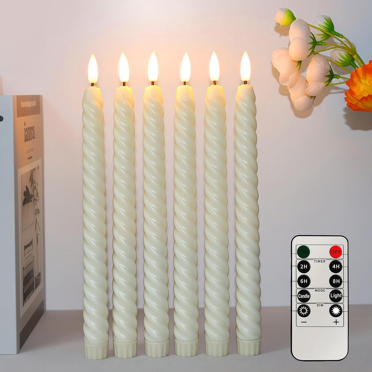 SnelShoppen - 6 Conische LED Kaarsen met Vlameffect, Elektrische Kaarsen op Batterijen met Afstandsbediening en Timer, Beige Decoratie voor Thuis, Fee