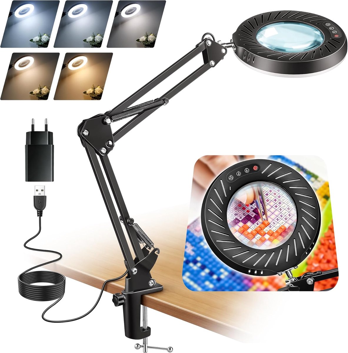 SnelShoppen - Vergrootlamp 12x met klem, Dimbare LED Tafellamp met 5 Kleurmodi en 9 Helderheidsniveaus, Perfect voor Handwerk, Reparaties, Hobby's en