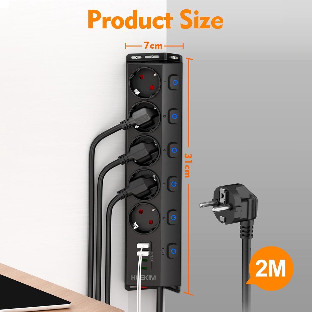 Thijox - 5-voudig Hoekstopcontact Platte Stekker met 4 USB Poorten, Stekkerdoos met Schakelaar, 3m Zwart, Voor Keuken, Kantoor en Wandmontage