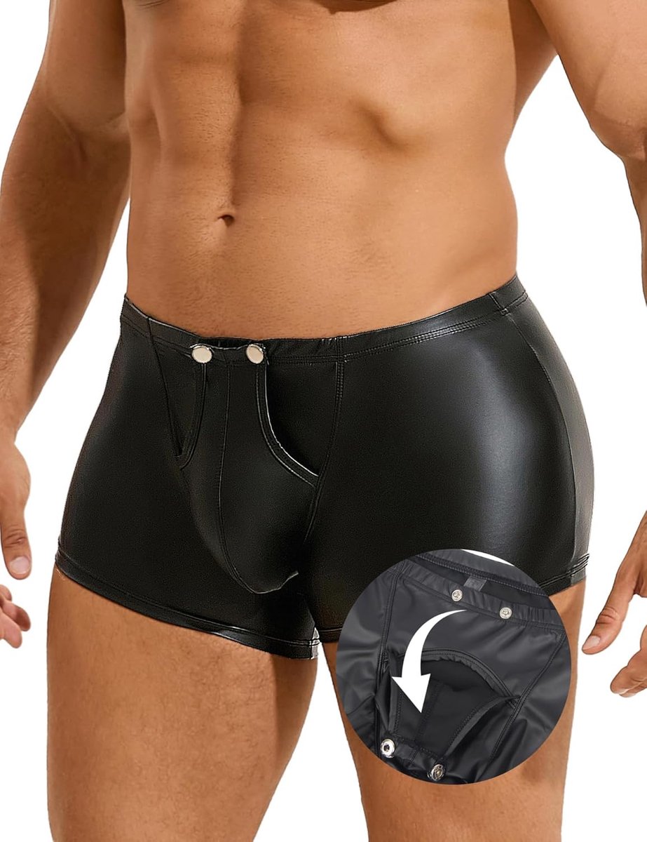 SnelShoppen - Sexy Boxershorts voor Mannen met Opening - Erotisch Wetlook Ondergoed - Grote Maten PU-Leer Lingerie - Zwart Party Clubwear