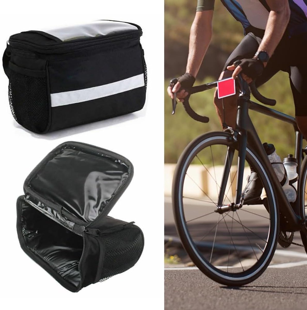 SnelShoppen - Fietsmand Voortas Met Stuuradapter voor E-Bike en Elektrische Fietsen, Waterdichte Stuurtas in Zwart, Duurzaam Nylon, Compact 18x15x10 c