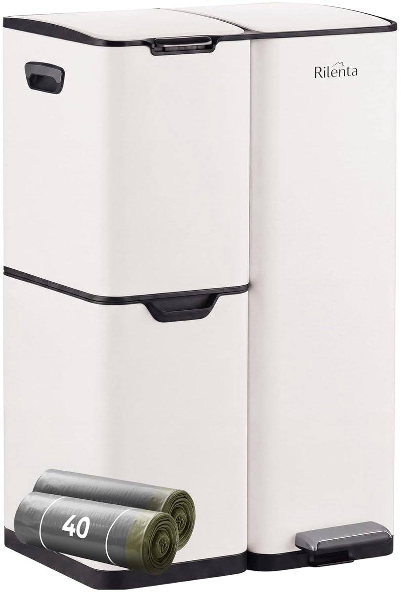SnelShoppen - Prullenbak Afvalscheiding 60 Liter met 3 Vakken, Pedaalemmer RVS Keuken in Licht Beige - Ideaal voor Vuilniszakken, Afvalbak voor Kantoo