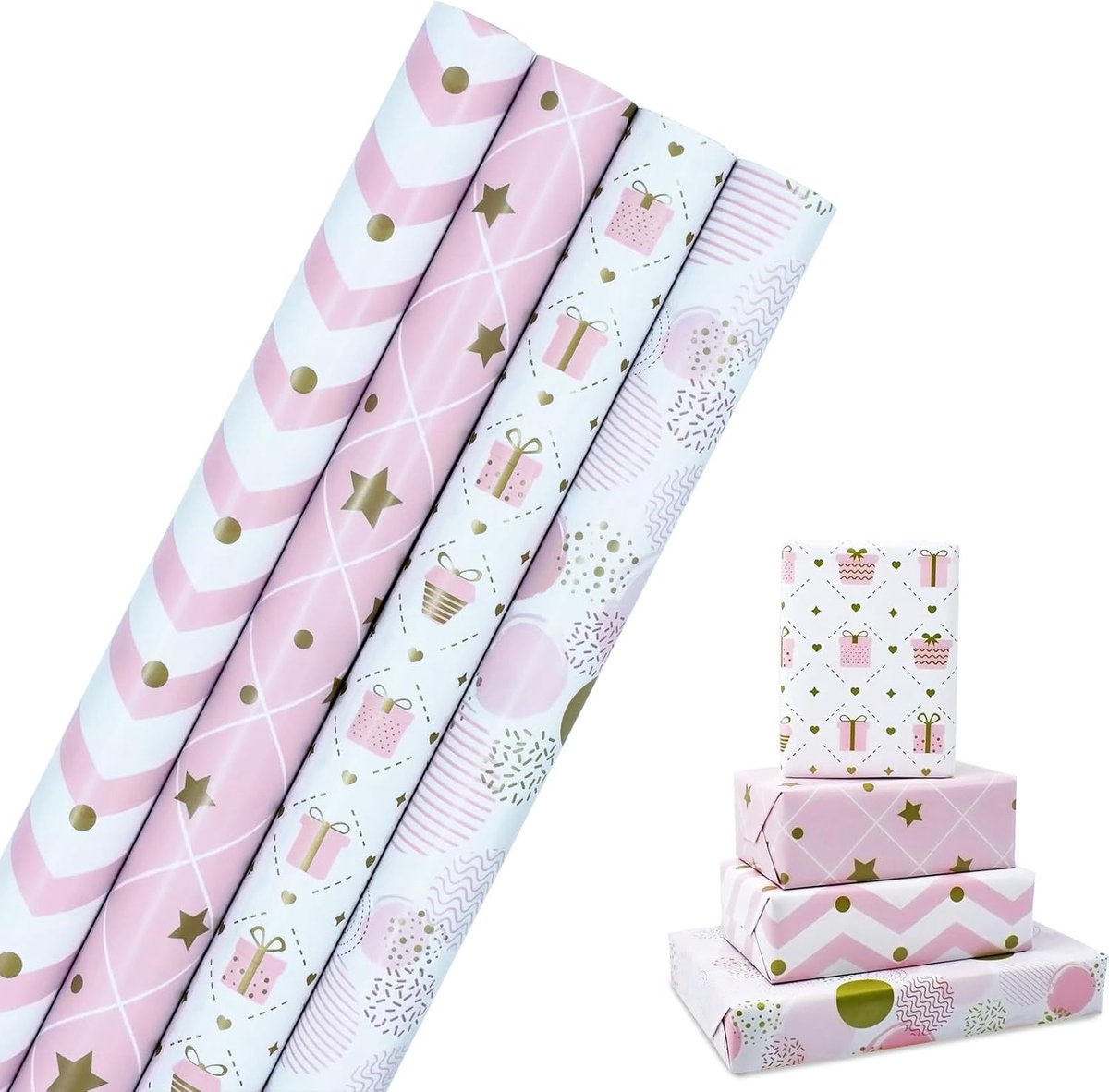SnelShoppen - Cadeaupapierrol voor Verjaardagen - Roze Recyclebaar Inpakpapier - 4 Rollen van 43 cm x 3 m - Ideaal voor Feestdecoratie, Verjaardagsfee