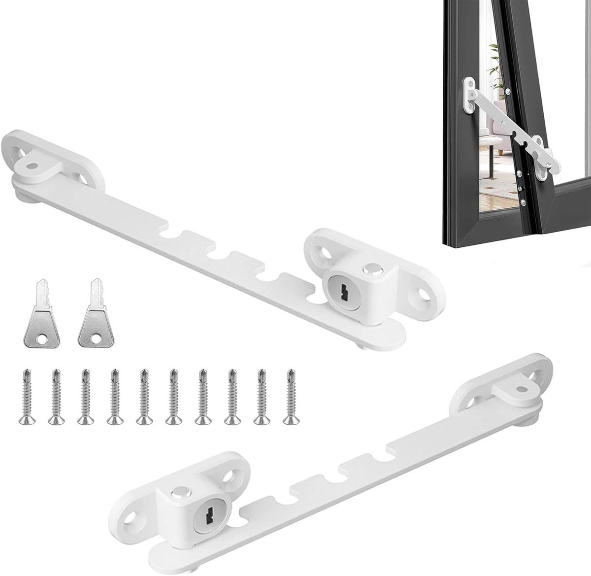 SnelShoppen - 2 stuks venstervastzetter voor kiepramen 16 CM - 5-traps verstelbaar met sleutelslot - Witte vensterbeveiliging voor kinderen & huisdier