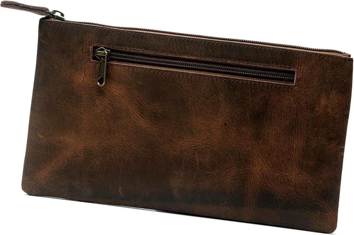 SnelShoppen - Vintage Leren Pennenetui Groot 11x6,25" / 28x16 cm - Handgemaakt Bruin Leren Etui Met Ritssluiting Voor Mannen En Vrouwen - Functioneel