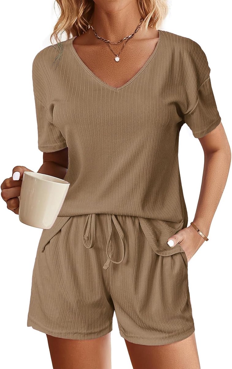 SnelShoppen - Korte jumpsuit voor dames, 2 stuks, zomer vrijetijdspak met V-hals, korte mouwen, elastische tailleband, katoen, modieus, sportief en co