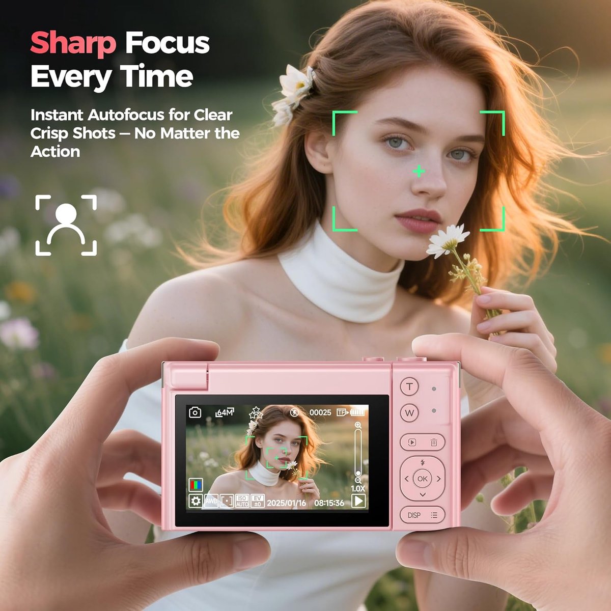 SnelShoppen - 4K Digitale Camera Roze voor Tieners - 64 MP Vlogging Camera met Flip Screen, 16x Zoom - Compacte Fotografie Camera voor Kinderen en You thumbnail 6