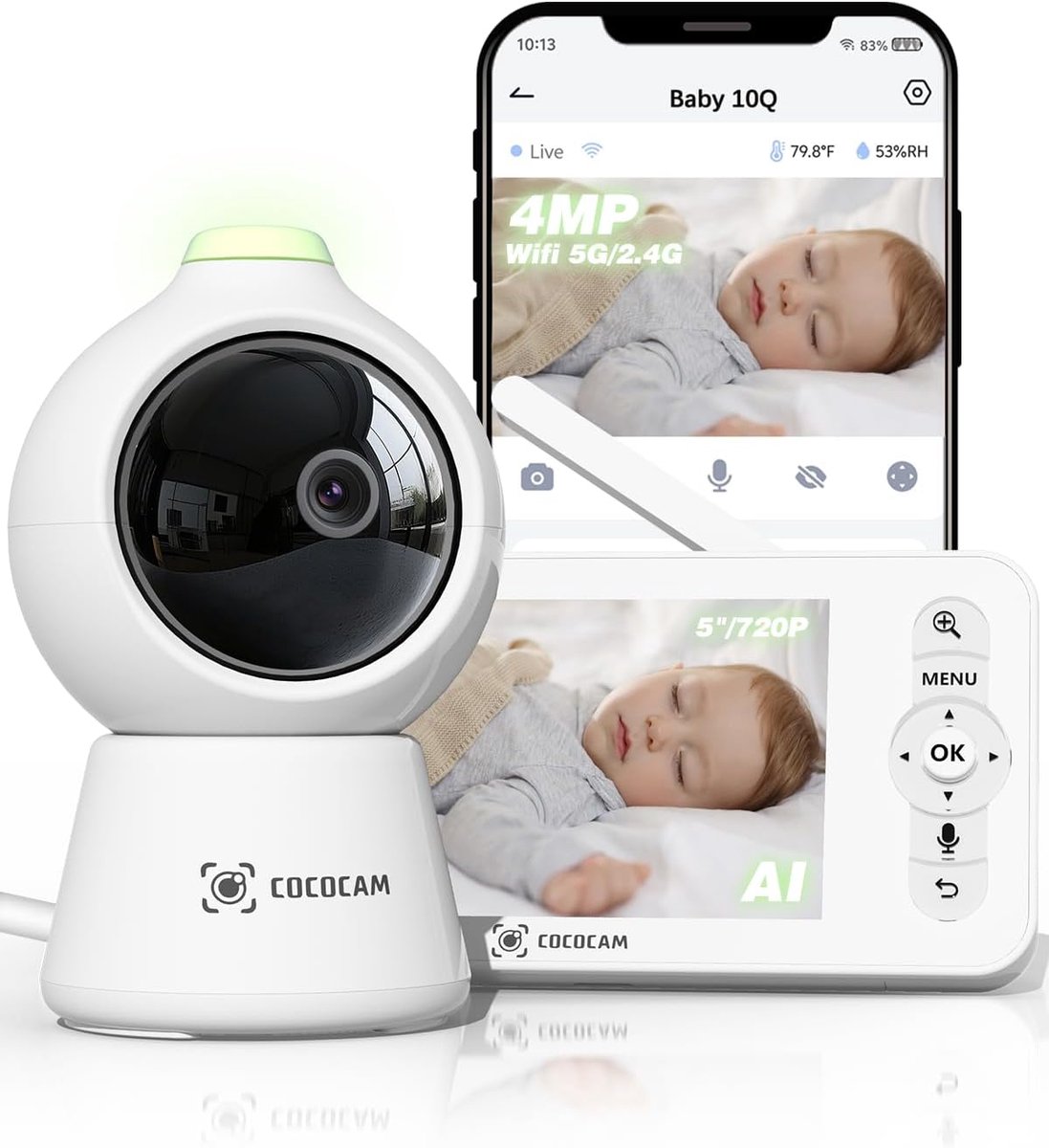 SnelShoppen - COCOCAM 2K 4MP AI Babyfoon met Camera, 5" Monitor, 2.4G/5GHZ Wifi, Huildetectie, IR-nachtzicht, Slim Tijdalbum, Automatisch Volgen