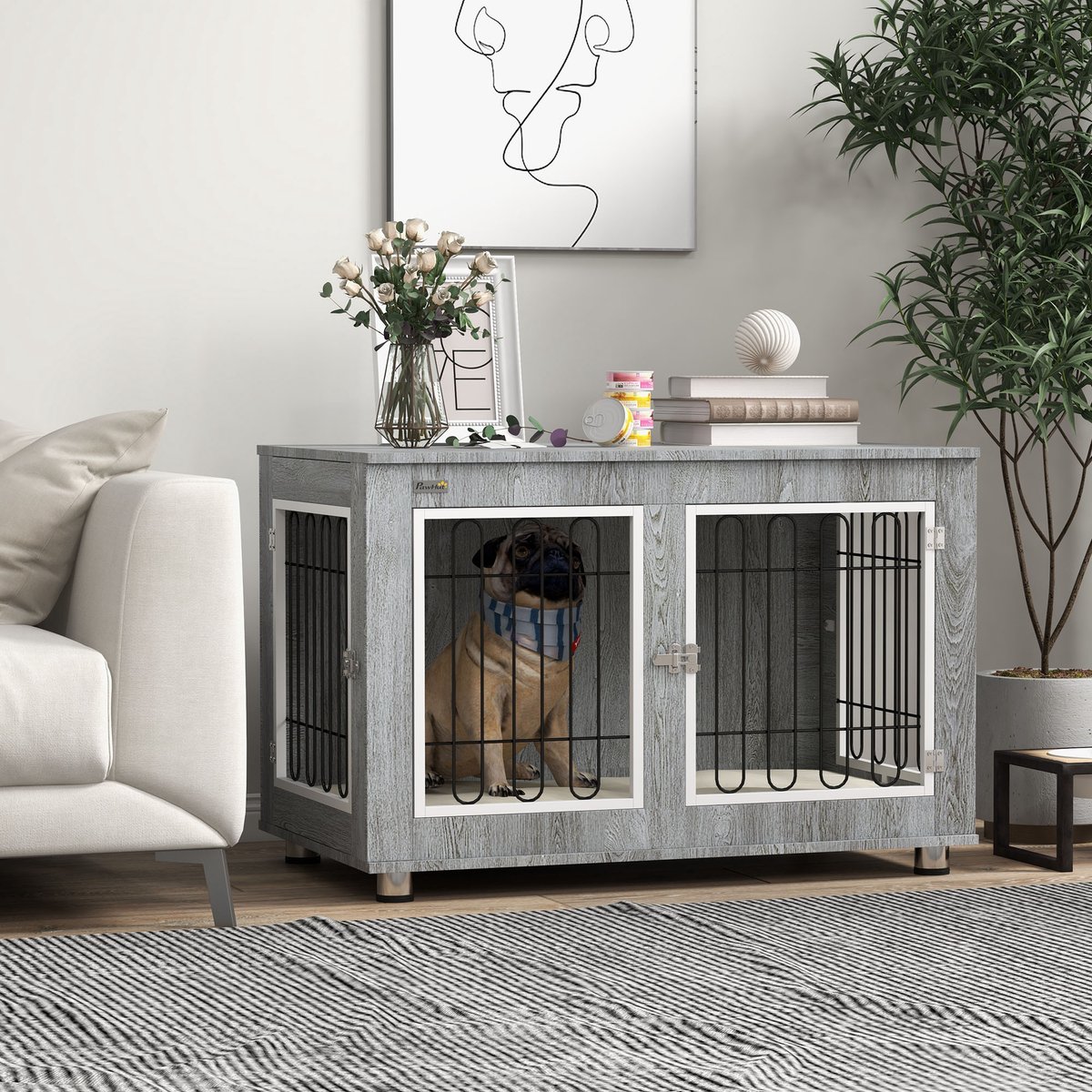 MIVRAY Hondenbench - 90 x 58 x 65 cm - Met Dubbele Deuren En Kussen - Hout En Staal - Grijs - Voor Middelgrote Honden Binnen