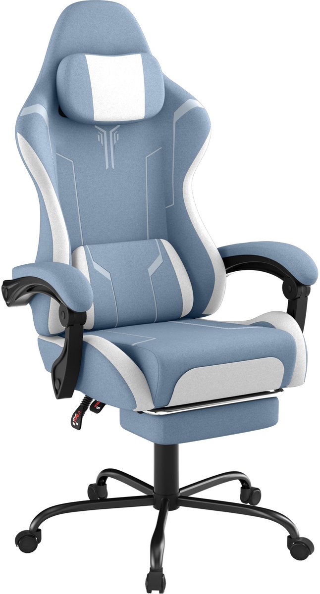 Gaming Stoel met Massagefunctie – Blauw Fluweel – Ergonomische Bureaustoel met Voetensteun – Verstelbare Rugleuning 90-135° – Verstelbare Armleuningen – Max. 135 kg