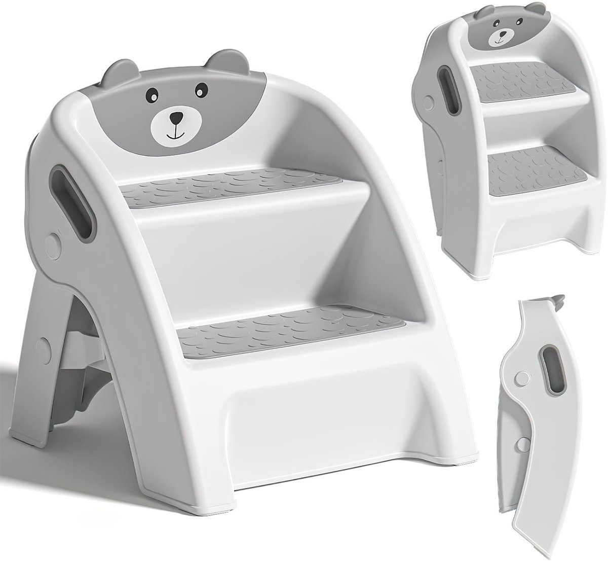 Opvouwbaar kinderopstapje met 2 treden en handgrepen - antislip PP en TPE - compact inklapbaar toilet- en wastafelkrukje - grijs - vanaf 1 jaar