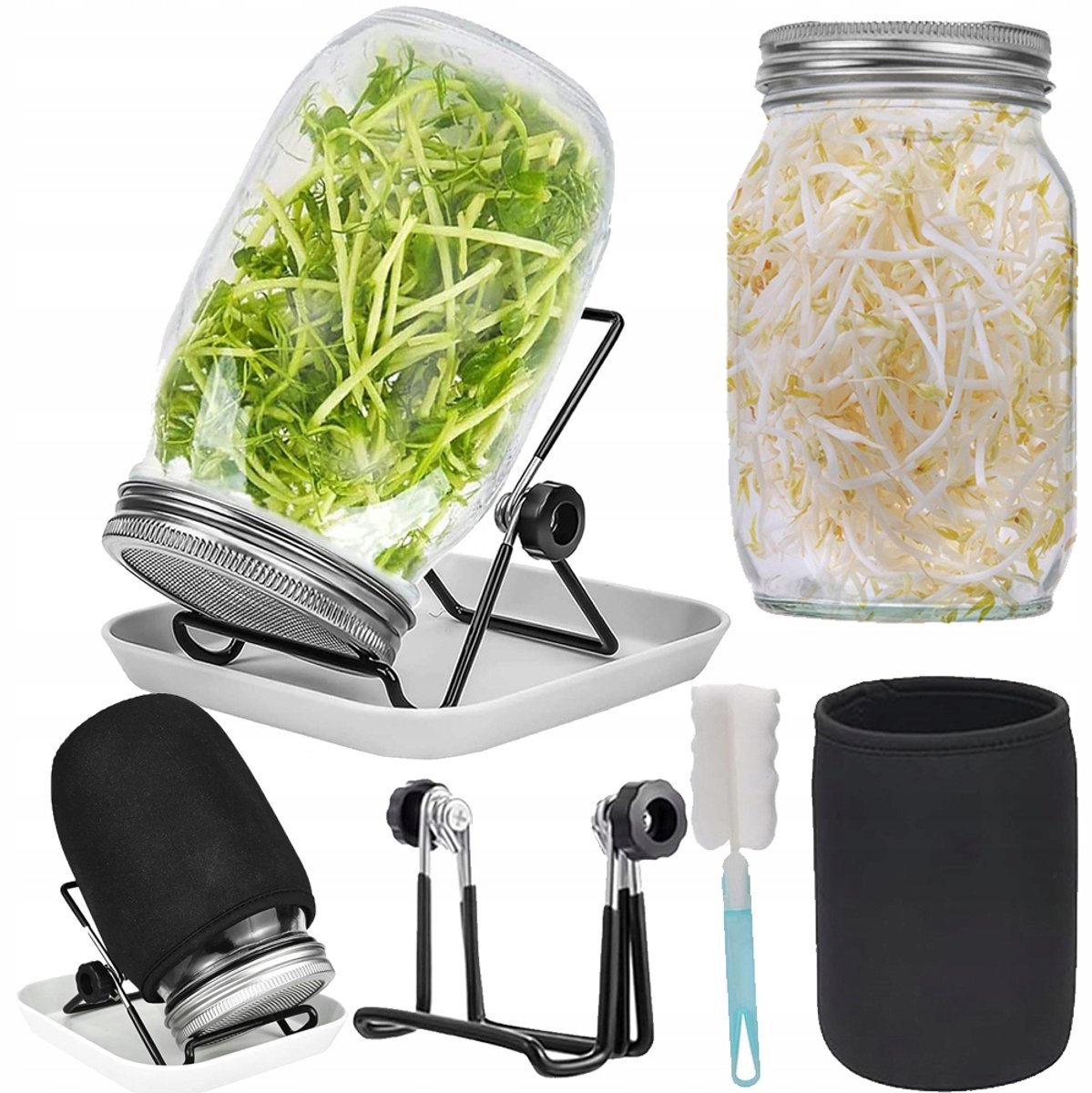 2 kiempotten - Masonpotten - 1000 ml - loodvrij glas - roestvrijstalen deksel - met lekbak en standaard - Zaadkiemset - voor alfalfa, broccoli en sperziebonen