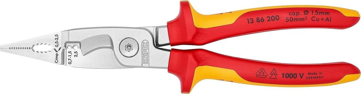 Thijox - Knipex Elektro Installatietang Verchroomd Geïsoleerd VDE-getest 200mm - Universele Tang met Meer-componentengrepen voor Elektrische Installat