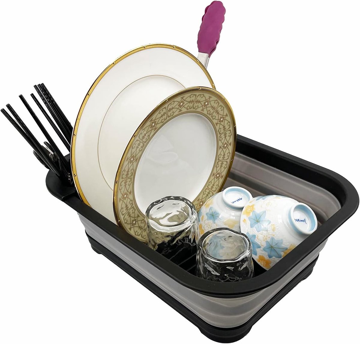 Thijox - Opvouwbaar Afdruiprek voor Keuken - Ruimtebesparend Plastic Droogrek met Afdruiprek - Draagbare Servies Organizer in Zwart/Legering Grijs