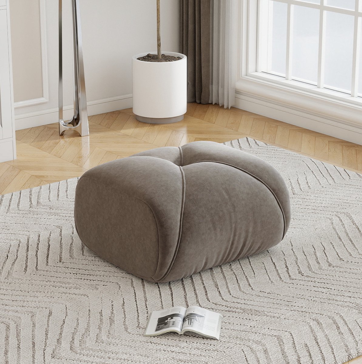 FloraGrace Voetenbankje 78 x 76 x 45 cm - Zachte Chenille Bekleding En 32D Schuim - Voor Woonkamer Of Lounge - Stof - Taupe