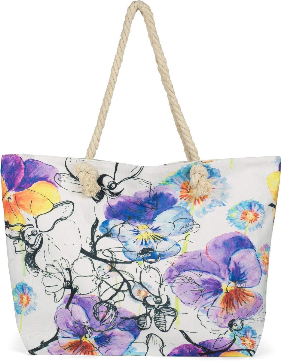 Thijox - Dames XXL Strandtas met Kleurrijke Violette Bloemenprint, Rits, Schoudertas, Shopper, Bad- en Boodschappentas, 100% Polyester, Ideaal voor Va