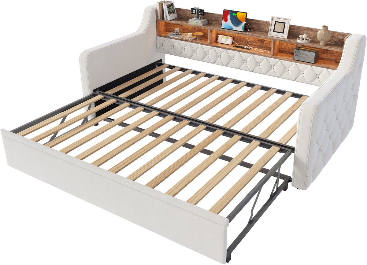 HAUSS SPOLE Slaapbank - Velours Design Met Armleuningen - Met Opbergkopstuk, Ledverlichting En Usb Type C - Voor Woonkamer En Logeerkamer - Beige