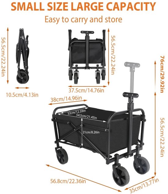 Reky Bolderkar - Transportkar - bolderkar opvouwbaar - bolderwagen - All-terrain wagen - Zwart - 50L - 75 KG - 76 x 56,8 x 38 cm — afbeelding 5