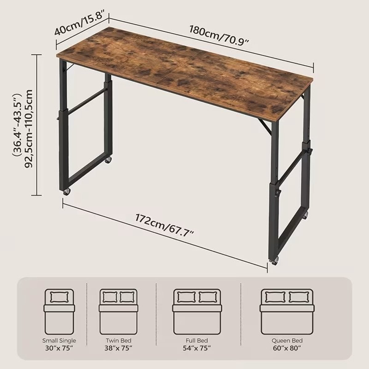 Verstelbaar Nachtkastje voor Laptop, Mobiel Bijzettafel met Wielen, Vintage Bruin, Hoogteverstelling 92,5-110,5 cm.