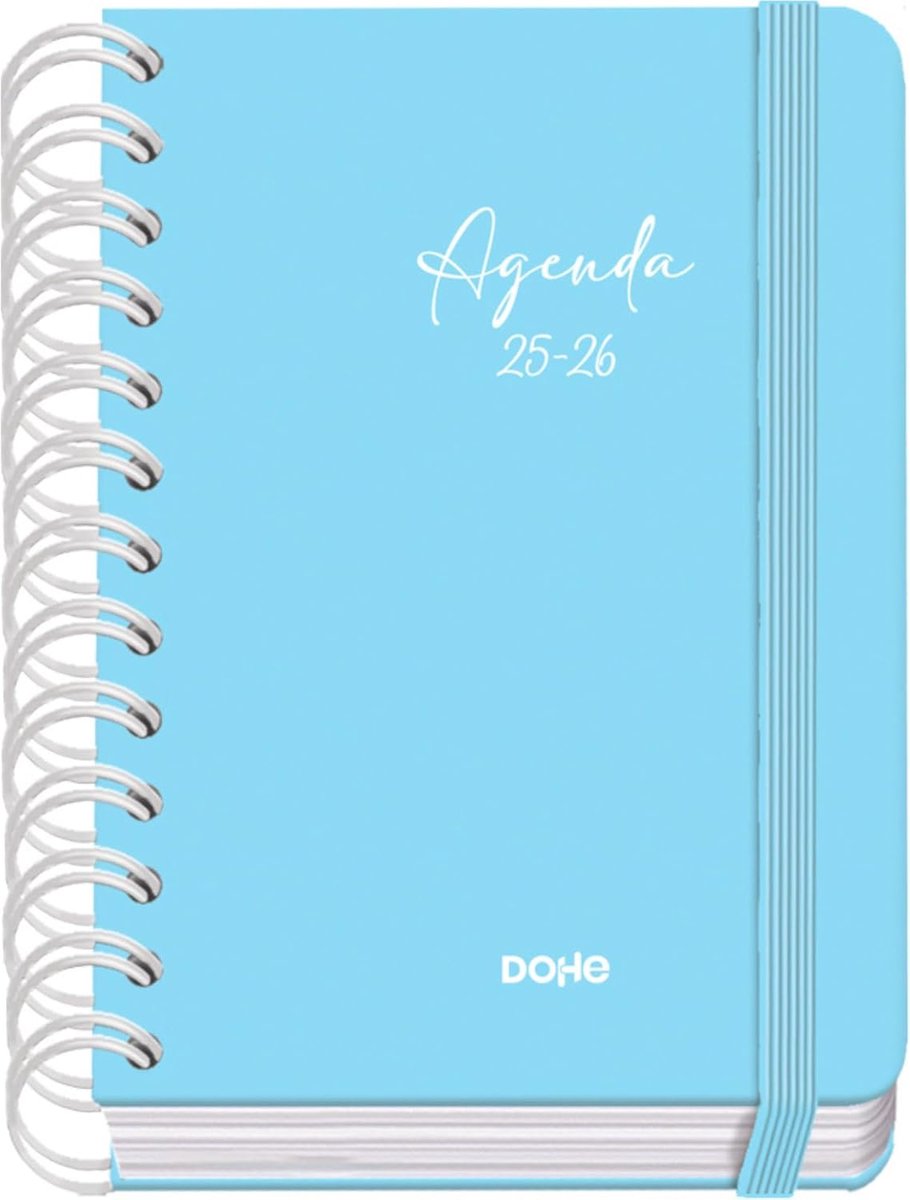 Thijox - Schoolagenda 2025 2026 - A6 Dag per Pagina Planner met Harde Kaft, Dubbele Spiraalbinding, Elastieksluiting, Spaans en Engels, Serenity Blauw