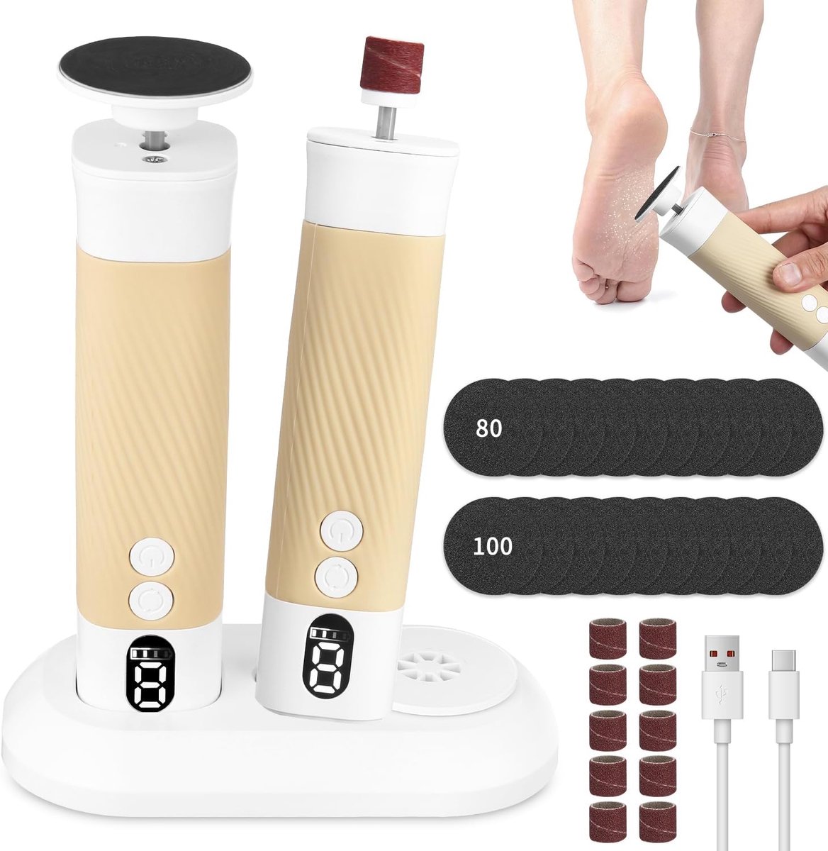 SnelShoppen - 2-in-1 Elektrische Eeltverwijderaar, Oplaadbaar, 6 Niveaus, Inwisselbare Voetbestanden, Pedicure Set voor Gebarsten Hielen, Eelt en Hard