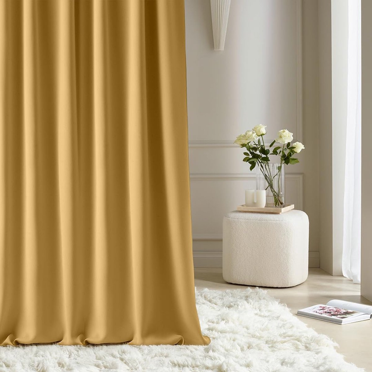 SnelShoppen - Verduisteringsgordijn Aura met Zilveren Ringen, 140 x 250 cm, Modern Gordijn voor Woonkamer en Slaapkamer, Mosterdkleur, Decoratief Schu