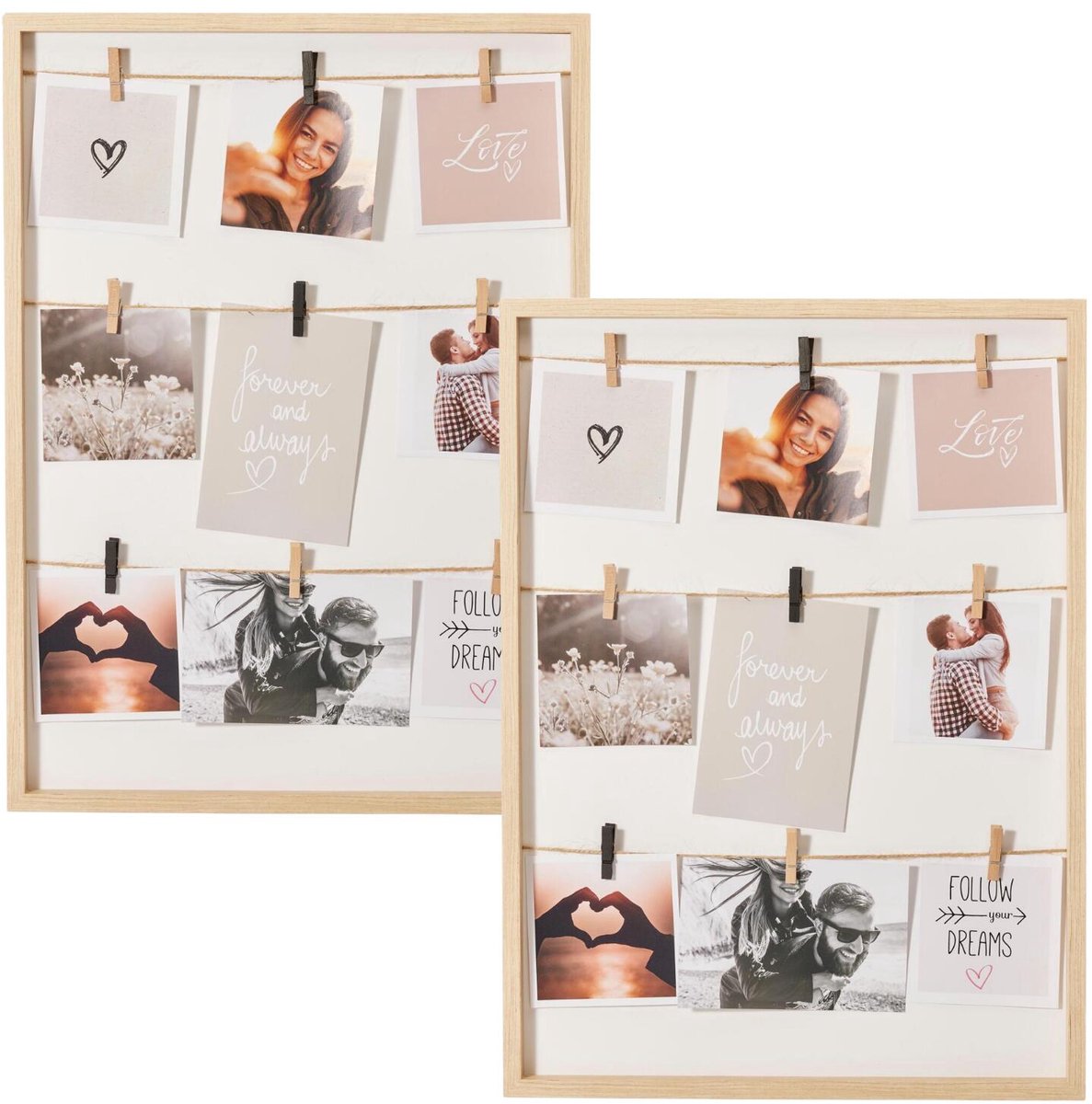 Home & Styling Collage fotolijst met knijpertjes - voor 2x foto - hout - naturel - 38 x 52 cm - wissellijst - klassiek