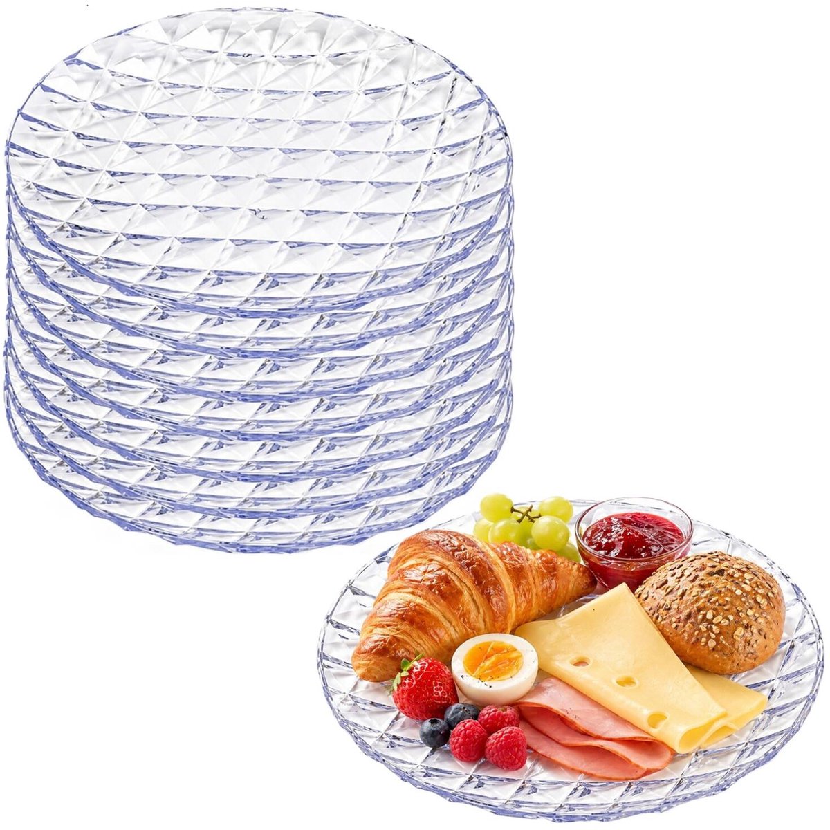 Plasticforte Onbreekbare Ontbijtborden Elite - 12x - kunststof - kristal stijl - transparant - Dia 22 cm - Camping - BBQ - Feestje