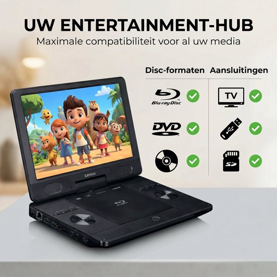Lenco Draagbare DVD Speler BRP-1150BK - 11.5 inch scherm - Draaibaar - Oplaadbare Accu en 12V stroomkabel - Zwart van Lenco — afbeelding 4