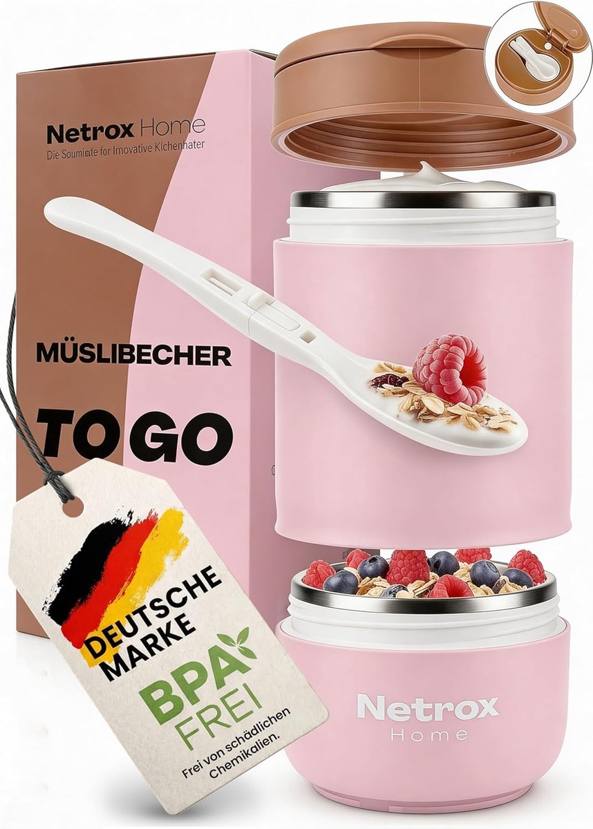 SnelShoppen - Müslibecher To Go met lepel, lekkageveilige yoghurtbeker roestvrij staal, geïsoleerde lunchbox voor yoghurt, muesli, pap - roze, ideaal