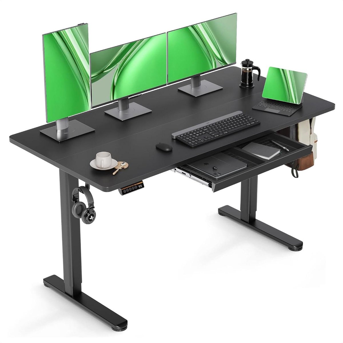 Bureau met Lade - Werktafel Verstelbaar - Thuiswerken Ergonomisch - Elektrisch Verstelbaar - 140x60cm - Zwart