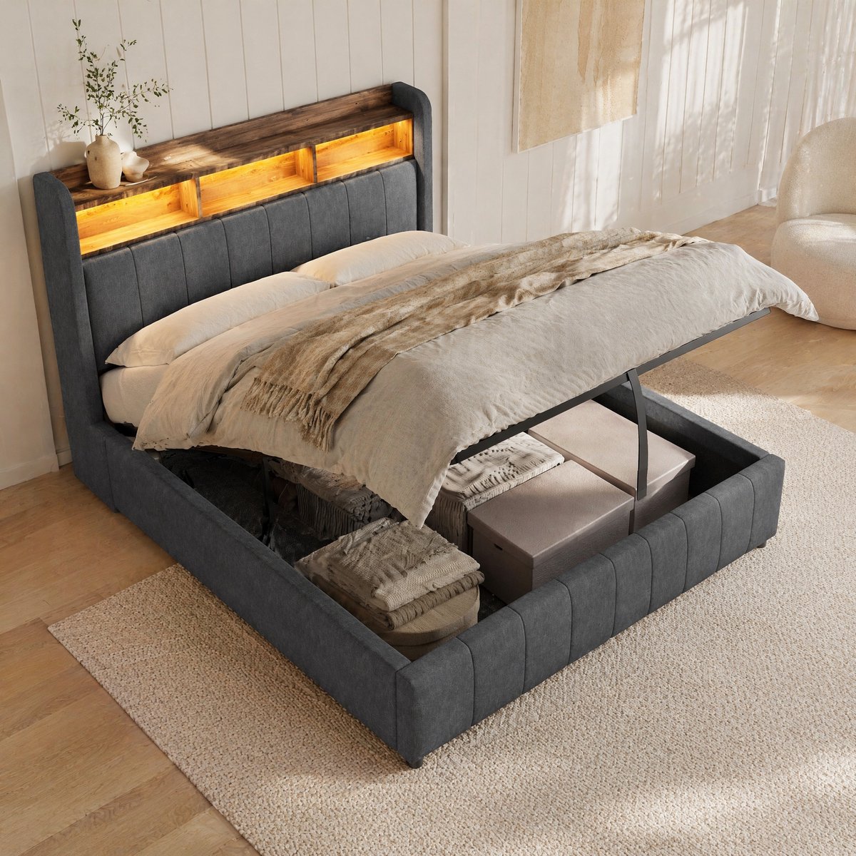 REDOM Tweepersoonsbed 140x200 cm – Gestoffeerd Bed met LED-Verlichting en Hydraulische Opbergruimte – Modern Bed voor Slaapkamer – Linnen Stof & Metaal – Grijs