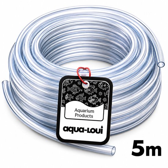 Een rol transparante luchtslang van 5 meter met een kaartje met vissen en de tekst 'Aquarium Products aqua-loui'.