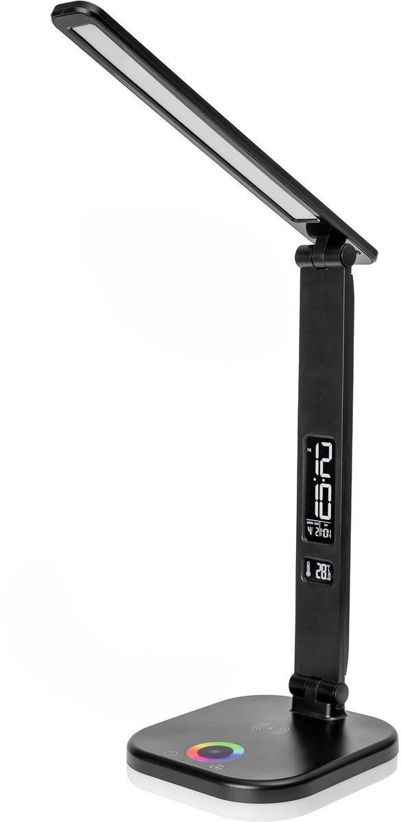 Platinet Bureaulamp LED - Draadloze oplader 5W - Wekker & Thermometer - Geschikt voor Smartphones - Zwart