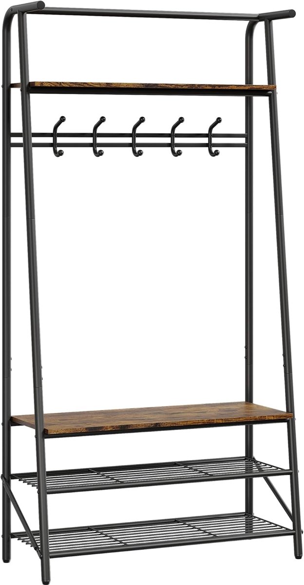Industriële Kapstok met Schoenenbank 80 cm - 4-in-1 Garderoberek met Schoenenrek - Staand Kledingrek met 20 Ophangpunten & Bovenplank - Rustiek Bruin & Zwart Metaal