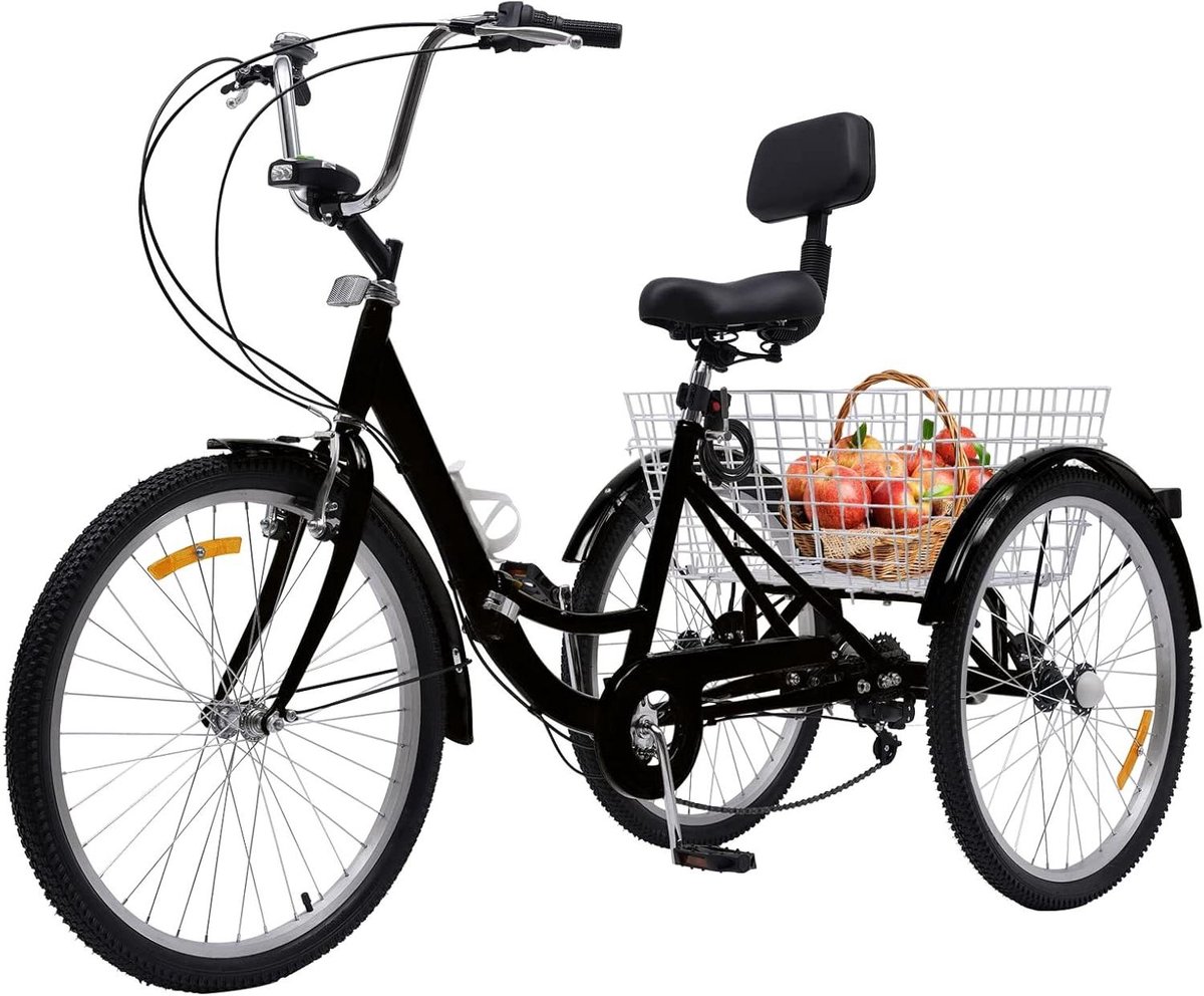 Driewieler voor volwassenen - Driewielige fiets - Comfortabel transport - 7 versnellingen - 24 inch - Zwart
