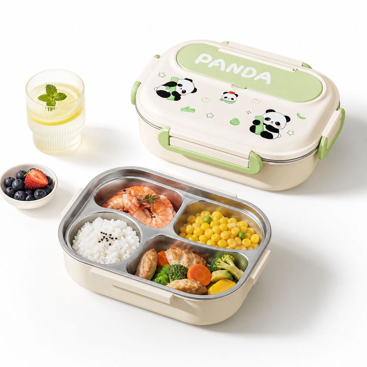 VHV - Broodtrommel - Lunchbox - Lunchbox met Vakken - 316 RVS Binnenbak - Met Warmhoudfunctie - 4 Vakken Broodtrommel voor Kinderen - Lekvrij met Bestek - 28x20.5x8.8 cm - Cartoon Design - Groen