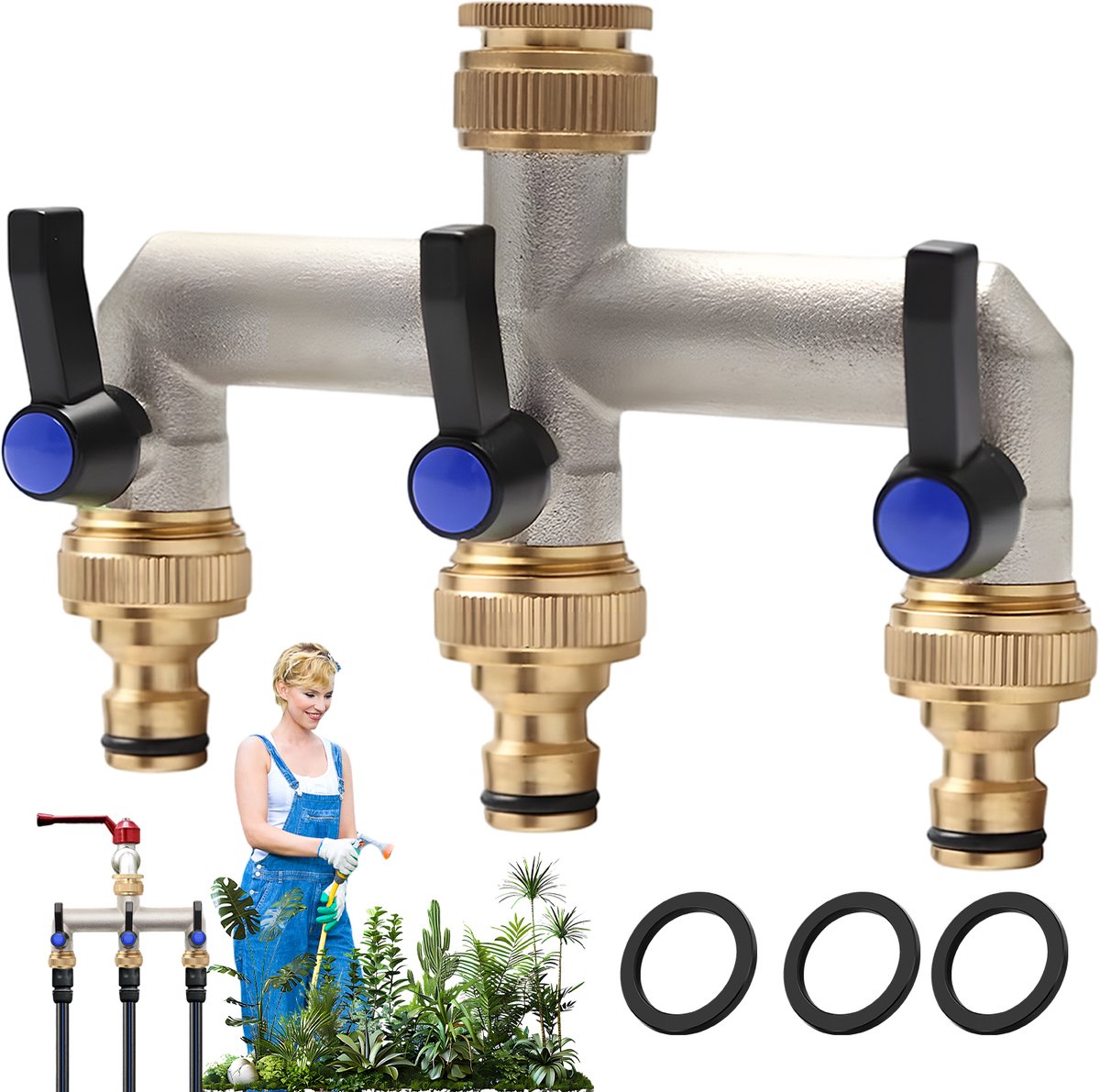T-weg kraan splitter - Verdelerklep - G1/2 en G3/4 schroefdraad - 3 onafhankelijke regelkleppen - Kraansplitter - corrosiebestendig - lekvrij - voor tuinirrigatie en waterdistributie