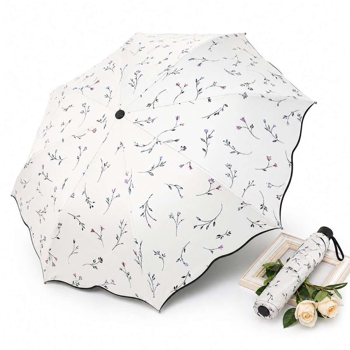 VHV-Stijlvolle UV-werende Parasol voor Dames - Compacte Opvouwbare Paraplu met Zonnebloem Stijl Details - Lichtgewicht Reisparaplu - 96cm Diameter